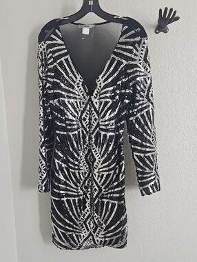 bailey blue Black and Silver Sequin Long Sleeve V-Neck Dress